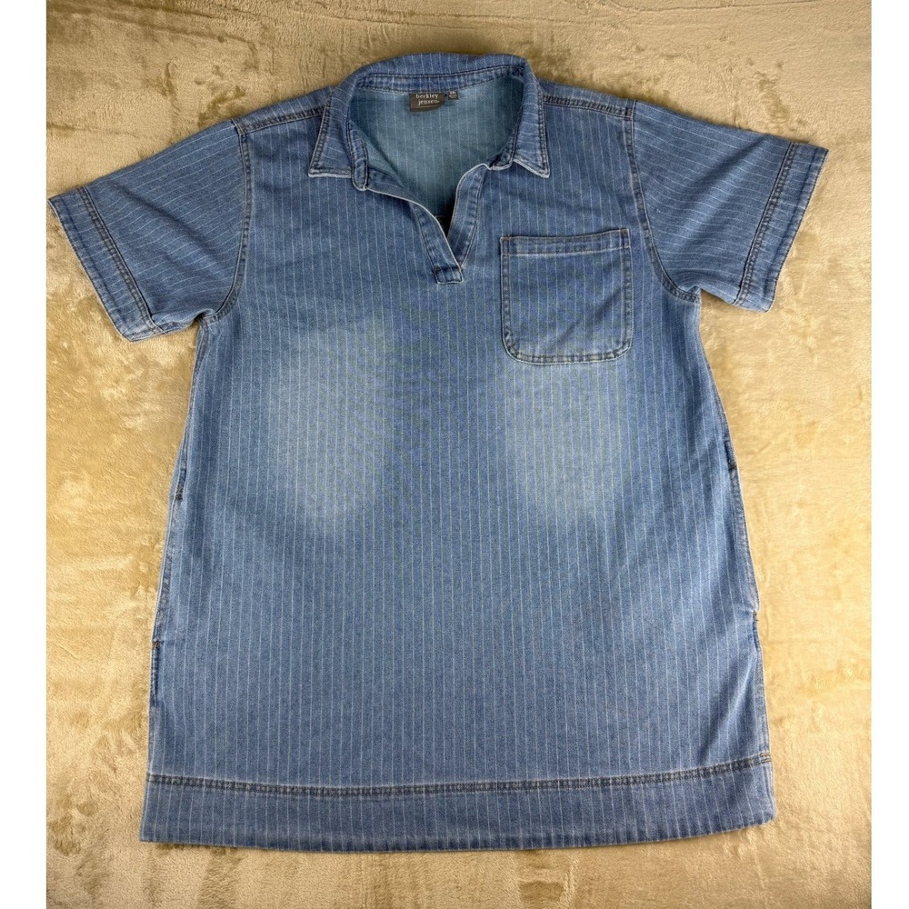 Berkley Jensen Womens XXL Blue Pinstripe Denim Shirt Short Sleeve V-Neck